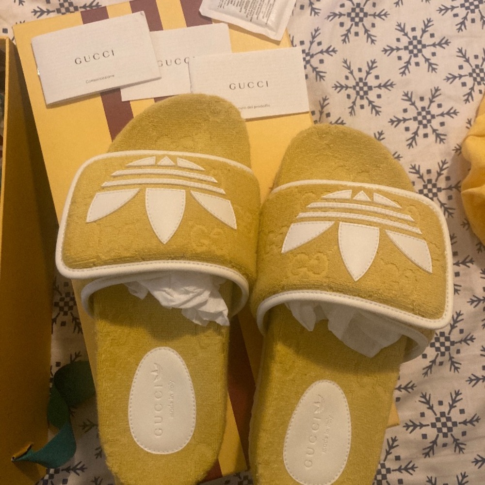 Gucci and Adidas collaboration Cream Slides with Embossed Logo